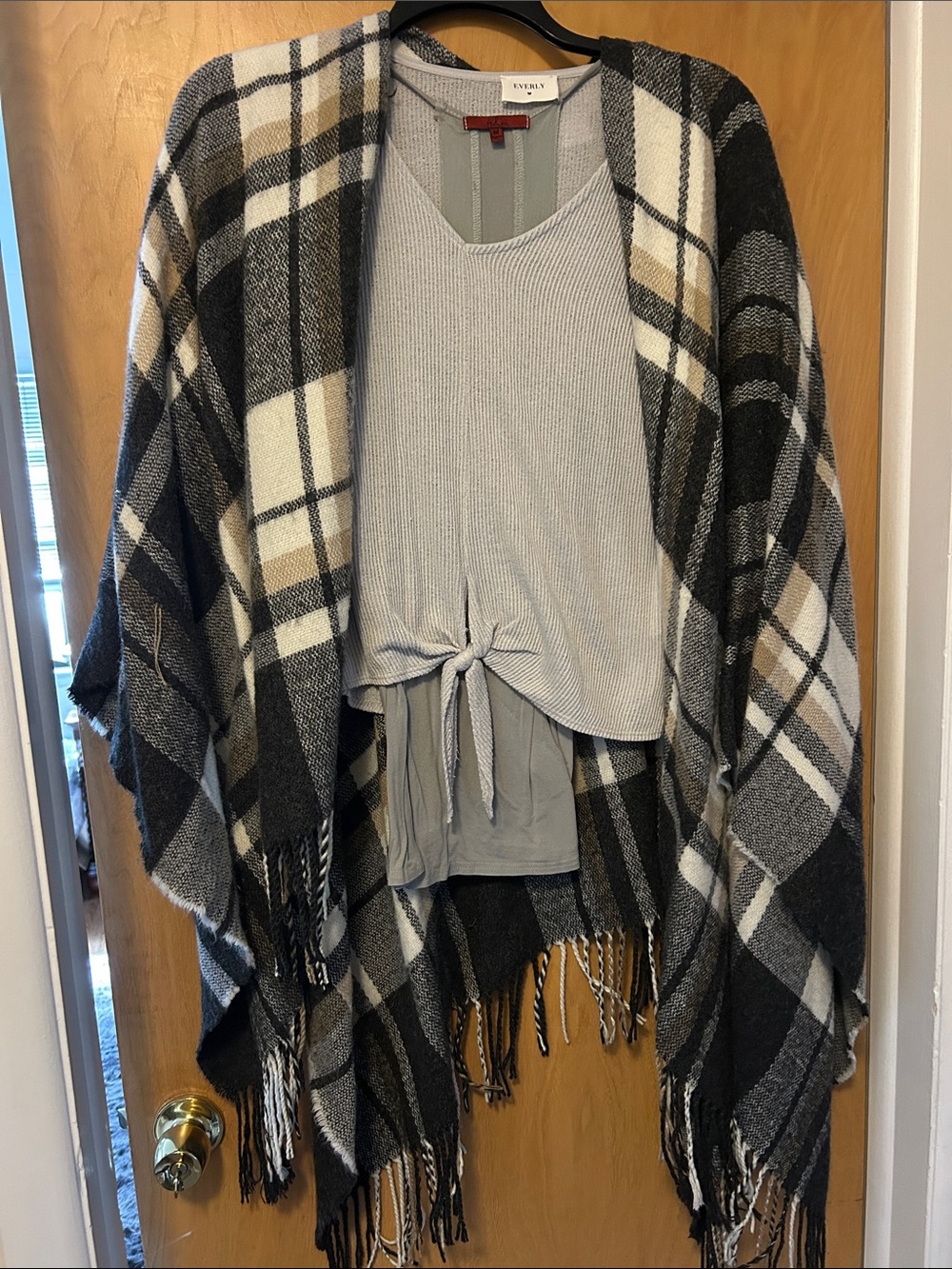 29 Palms Black, Gray & Cream Plaid Shawl Poncho, with undershirts included